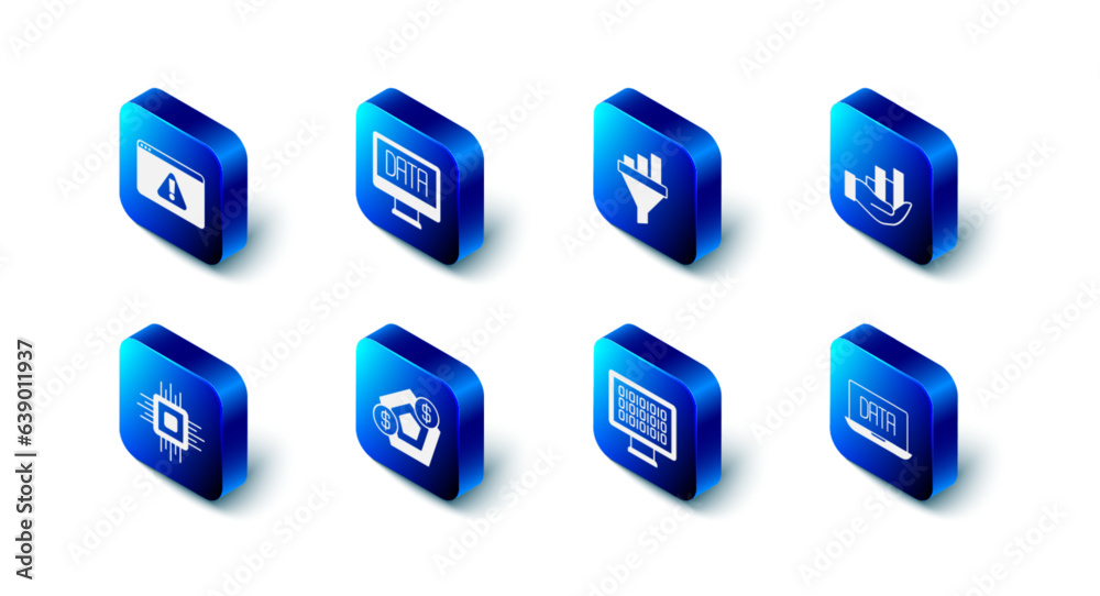 Sticker Set Data analysis, Sales funnel with chart, Pie infographic, Binary code, Financial growth, Processor CPU and Browser exclamation mark icon. Vector