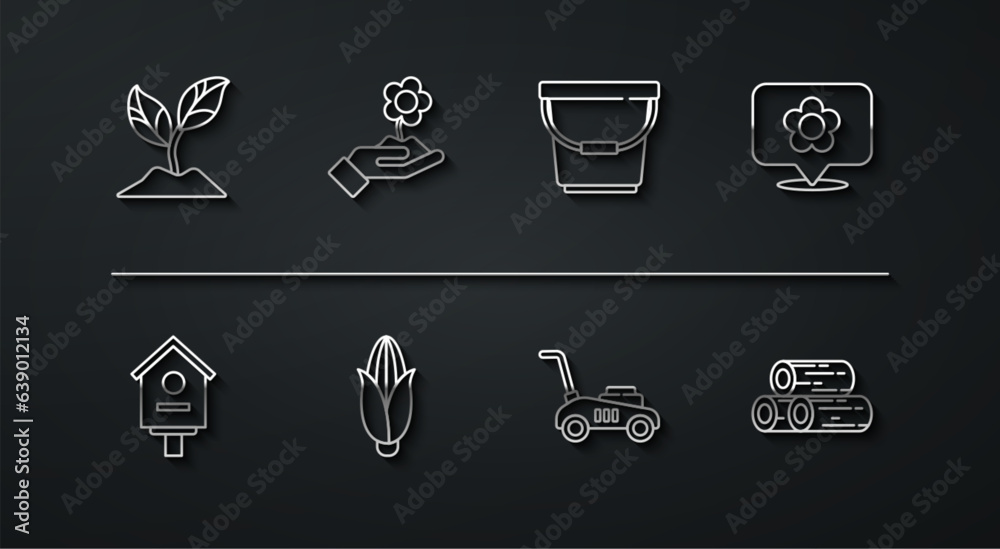 Sticker set line plant, bird house, location with flower, lawn mower, corn, hand holding, wooden logs and bu