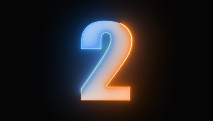 Bright number two, number 2, the best digital symbol, Alphabet made from Glowing Light. Neon light 3d alphabet character, 3d rendering,  Education concept