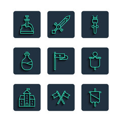 Set line Castle, fortress, Crossed medieval flag, Medieval, Torch flame, Old bottle of wine, Sword the stone and icon. Vector