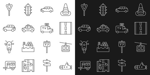 Set line Submarine, Cable car, Road, Hatchback, Taxi, traffic signpost and TV News icon. Vector