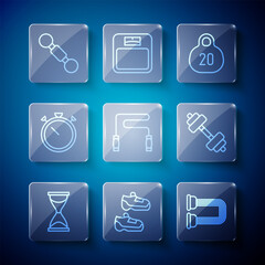Set line Old hourglass, Sport sneakers, Chest expander, Kettlebell, Jump rope, Stopwatch, Dumbbell and icon. Vector