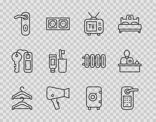 Set line Hanger wardrobe, Digital door lock, Retro tv, Hair dryer, Door handle, Toothbrush toothpaste, Safe and Hotel reception desk icon. Vector