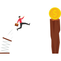 Businessman jumping from springboard to a dollar coin. Vector design