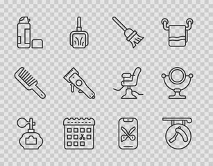 Set line Aftershave, Barbershop with razor, Mop, Calendar haircut day, Shaving gel foam, Electrical clipper, online service platform and Round makeup mirror icon. Vector