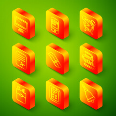 Set line Computer monitor, Smartphone, Alarm clock, Exam sheet with plus grade, Eraser rubber, Book, School backpack and check mark icon. Vector