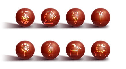 Set line Unicycle or one wheel bicycle, Lollipop, Magic wand, hat, Circus ticket, ball, Roller coaster and Ice cream in waffle cone icon. Vector © Kostiantyn