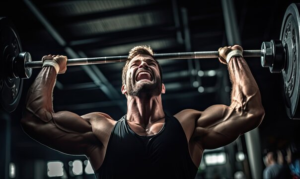An intense gym session is captured as a weightlifter