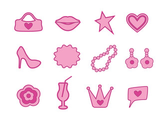 Glamorous trendy set of pink stickers. Cute object isolated on white background. Crown, lips, flower, star. collection in a minimalist style. for print, social network, banner. vector art 