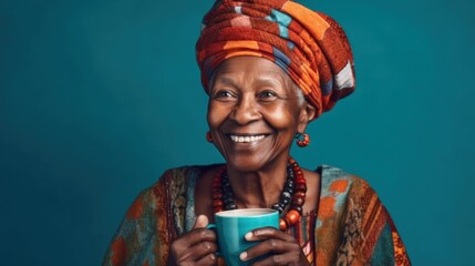Elderly Afro lady in vibrant attire enjoys coffee against a blue studio backdrop. Generative AI