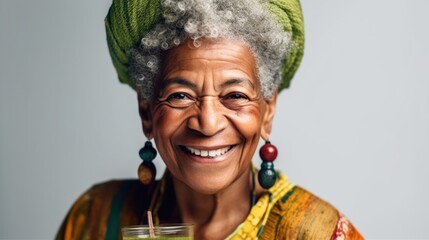 A smiling senior Afro woman in stylish neutral clothes enjoys a healthy smoothie in a studio. Generative AI