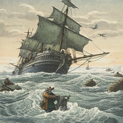 Whaler. Whale hunters. Team of whalers on special ship..