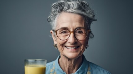 An elderly woman, dressed in fashionable neutrals, smiles with a smoothie in a studio image. Generative AI