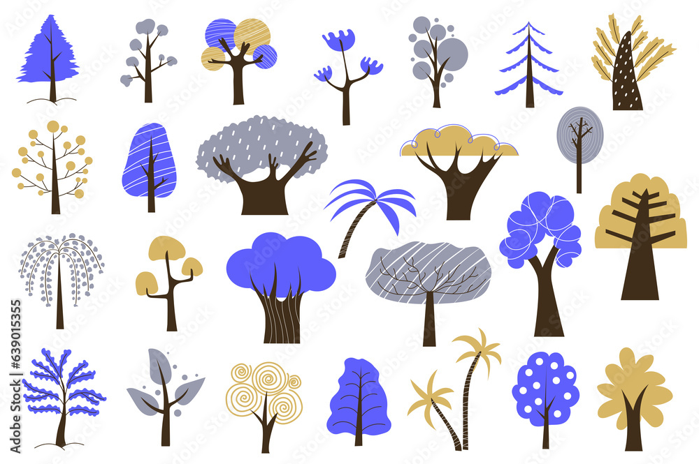 Fototapete abstract trees mega set in graphic flat design. bundle elements of minimal style trees with blue fol