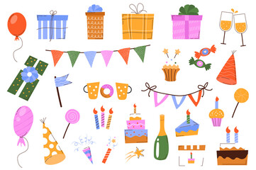 Birthday holiday mega set in graphic flat design. Bundle elements of balloons, gifts, champagne, garlands, cupcakes, hats, lollipops, candles, cake and other. Illustration isolated stickers