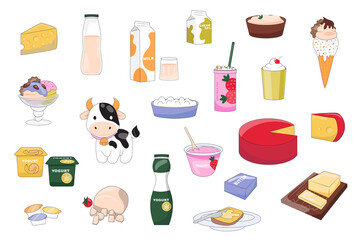 Milk and dairy products mega set in graphic flat design. Bundle elements of cheese, yogurt, drink in bottles, packaging, ice cream, cow, milkshake, butter, other. Illustration isolated stickers