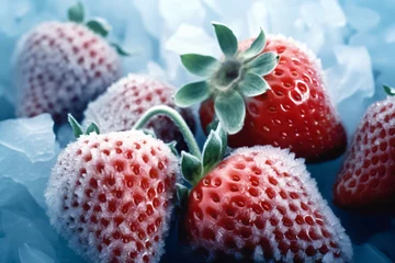Keuken spatwand met foto Fresh frozen strawberries with crystals of ice on blue background, selective focus image. Close up of frozen berries. Refreshing coolness wallpaper.  © Екатерина Ракунова