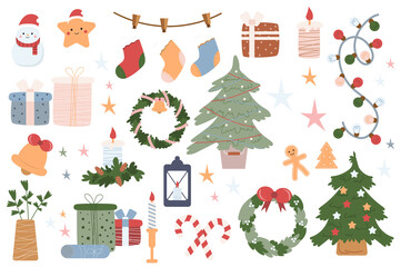 Fototapeta na wymiar Christmas holiday 2024 mega set in graphic flat design. Bundle elements of gingerbread, candles, sweater, festive tree, pine branch, mittens, toys and other decor. Illustration isolated stickers