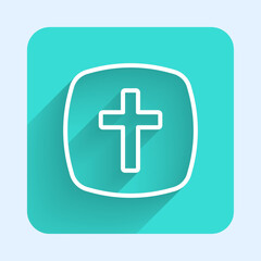 Obraz premium White line Christian cross icon isolated with long shadow background. Church cross. Green square button. Vector