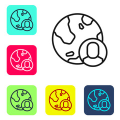 Black line Globe and people icon isolated on white background. Global business symbol. Social network icon. Set icons in color square buttons. Vector