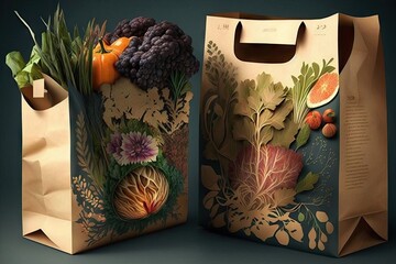 Paper bag with autumn fruits and vegetables on dark background