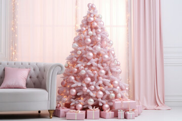 Pink christmas tree and decorations. Christmas background. AI generated