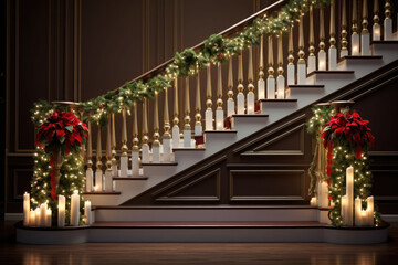 Interior decoration. Traditional Christmas holiday decorated stairs. AI generated