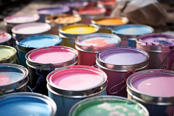 Close up of open paint cans with pastel paint. Generative AI