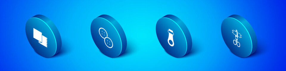 Set Isometric Textile fabric roll, Zipper, Scissors and Sewing button icon. Vector