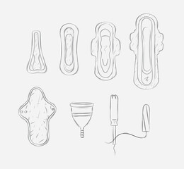 Women periods tools tampon, sanitary pad, menstrual cup drawing on grey background