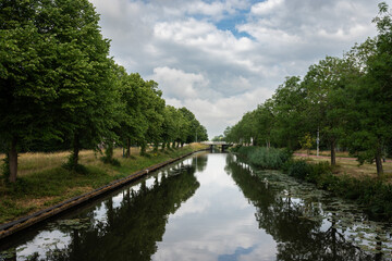 Fototapeta premium Green banks of the Leidsche Rijn , reflecting the surrounding nature, The Netherlands