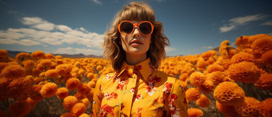 editorial landscape portrait of a model in a field of orange flowers - obrazy, fototapety, plakaty