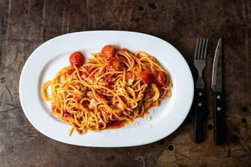 Dish of traditional Italian spaghetti with tomato sauce, The Netherlands