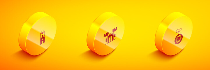 Set Isometric Circus ticket, Castle and Unicycle or one wheel bicycle icon. Vector © Kostiantyn