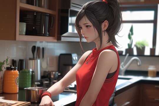 Beautiful and sporty girl in a kitchen wearing tank top generative ai