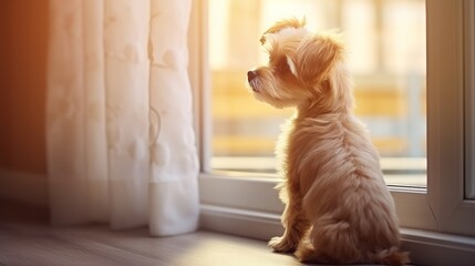 Cute small dog standing on two legs and looking away by the window searching or waiting for his owner. Pets indoors