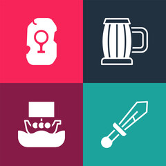 Set pop art Medieval sword, Viking ship Drakkar, Wooden beer mug and Magic rune icon. Vector