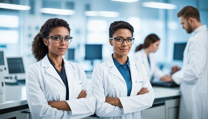 Fototapeta premium Young woman scientist in white coat and glasses with team of specialists in modern medical laboratory with copyspace
