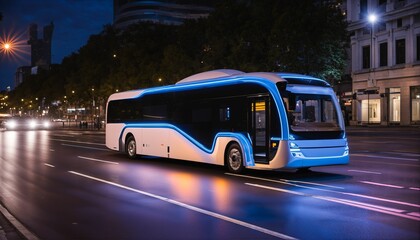 Sleek and ultra-modern self-driving autonomous electric bus on city street with neon lights and motion blur