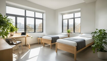 Bright and simple room for two students in student dormitory - obrazy, fototapety, plakaty