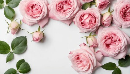 Fototapeta premium Floral frame composition of blooming pink roses flowers and petals on white table background - decorative web banner, empty space, flat lay, top view
