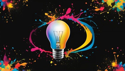 Think differently creative idea concept - light bulb explodes with colorful paint and splashes on black background