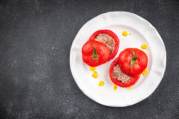 tomato stuffed meat pork, beef, chicken filling tomatoes baked vegetable food healthy meal food snack on the table copy space food background rustic top view 