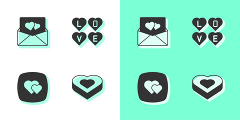 Set Candy in heart shaped box, Envelope with Valentine, Heart and Love text icon. Vector