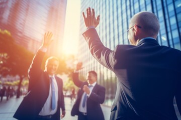 Group happy successful businessmen rejoicing profitable deal. Team men feeling achievement high-five overjoyed employees workers company smiling colleagues celebrate business success victory emotion