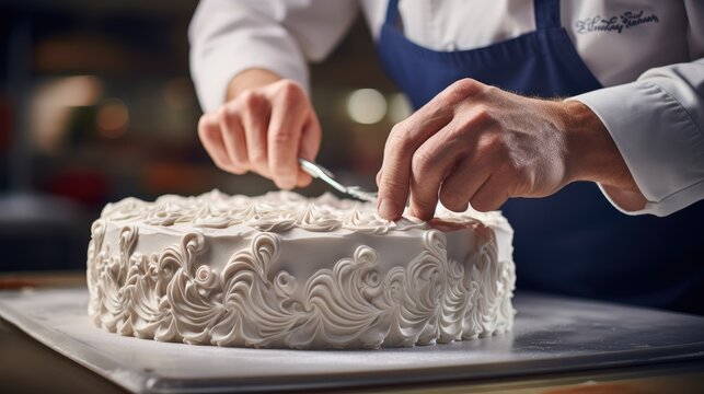 Hands of talented pastry chef making intricate icing designs on cake.