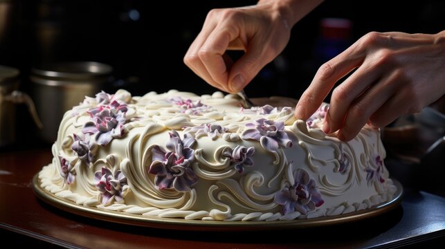 Hands of talented pastry chef making intricate icing designs on cake.