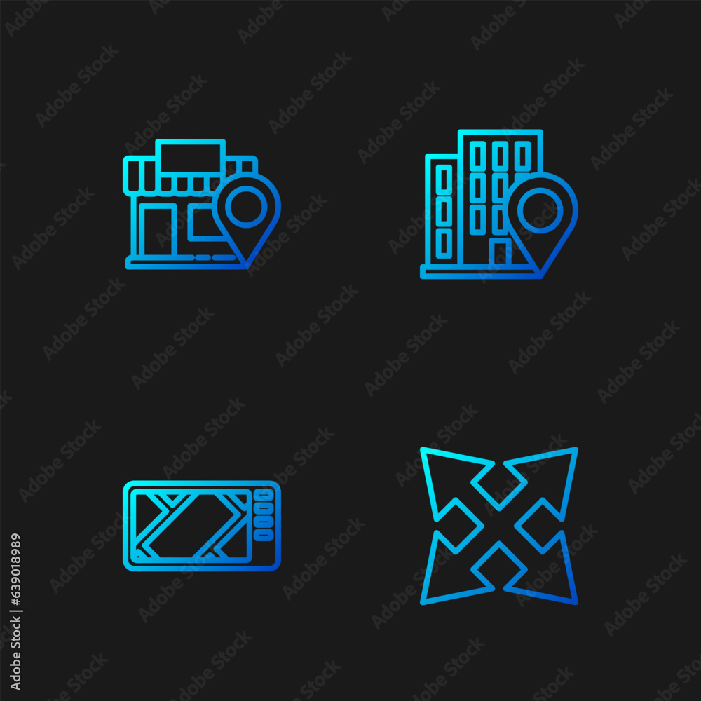 Sticker Set line Road traffic sign, Gps device with map, Location store and house. Gradient color icons. Vector