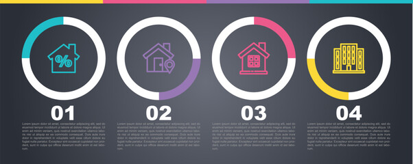 Set line House with percant discount, Location house, and . Business infographic template. Vector