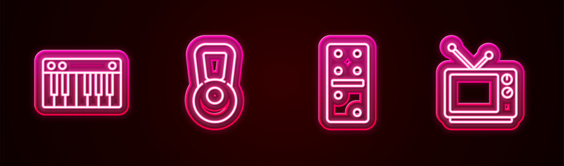 Set line Music synthesizer, Kettlebell, Domino and Retro tv. Glowing neon icon. Vector